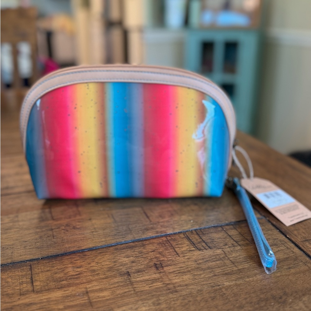 NWT Catchfly Studios Large Colorful Striped Cosmetic Bag Zipper Closure wristlet
